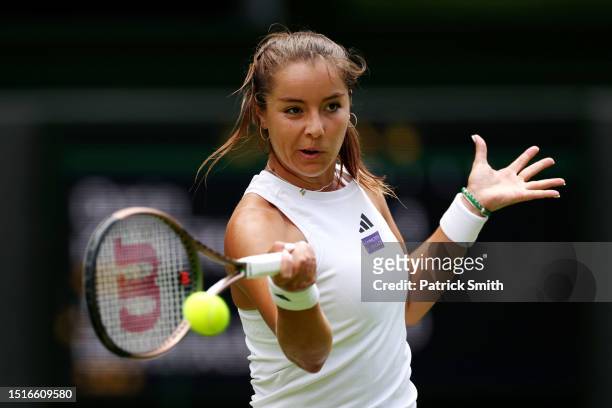 Jodie Burrage of Great Britain plays a forehand against Daria Kasatkina in the Women's Singles second round match during day three of The...
