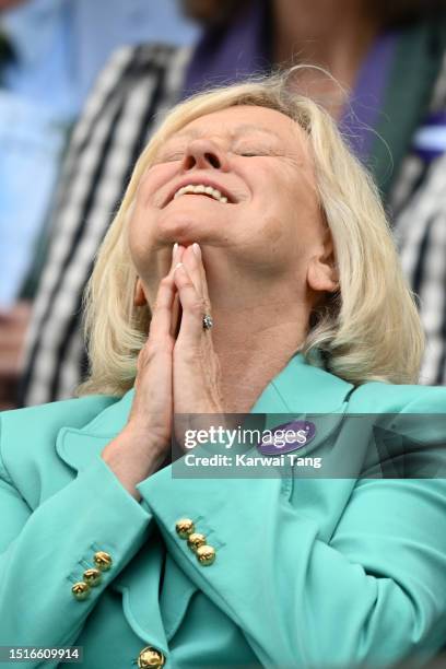 Sue Barker attends day three of the Wimbledon Tennis Championships at All England Lawn Tennis and Croquet Club on July 05, 2023 in London, England.