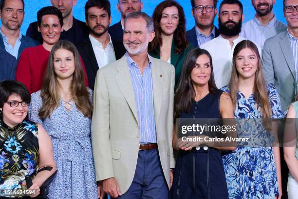 King Felipe VI of Spain , Queen Letizia of Spain , Crown Princess Leonor of Spain and Princess Sofia of Spain attend a meeting with the winners and...