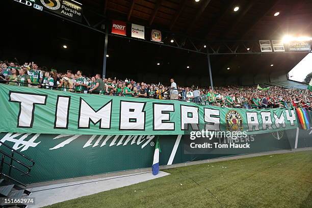 Timbers Army fans celebrate before the Portland Timbers match against the Colorado Rapids on August 31, 2012 at Jeld-Wen Field in Portland, Oregon.