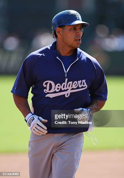 Juan Rivera of the Los Angeles Dodgers before the game against the San Francisco Giants at AT&T Park on September 8, 2012 in San Francisco,...