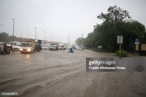 After heavy monsoon rainfall waterlogged at Ring Road near Indraprastha park, on July 9, 2023 in New Delhi, India. Delhi-NCR was drenched with heavy...