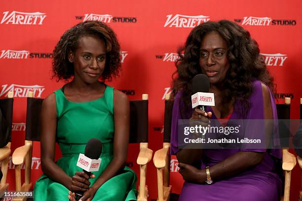 Actresses Healesville Joel and Xzannjah Matsi attend Variety Studio presented by Moroccanoil at Holt Renfrew on Day 2 at Holt Renfrew, Toronto during...