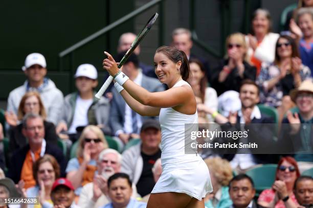 Jodie Burrage of Great Britain celebrates against Daria Kasatkina in the Women's Singles second round match during day three of The Championships...