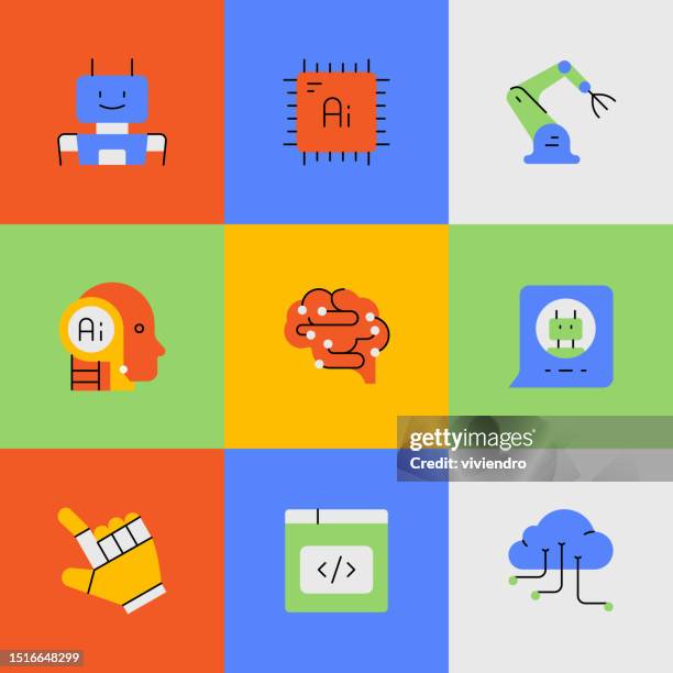 artificial intelligence icon set. editable stroke. pixel perfect. - android head stock illustrations