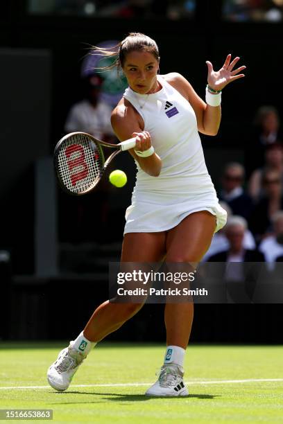 Jodie Burrage of Great Britain plays a forehand against Daria Kasatkina in the Women's Singles second round match during day three of The...