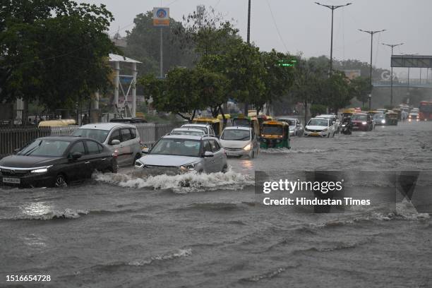 View of heavily water logged Stretch near Pragati Maidan at Mathura Road on July 9, 2023 in New Delhi, India. Delhi-NCR was drenched with heavy rain...