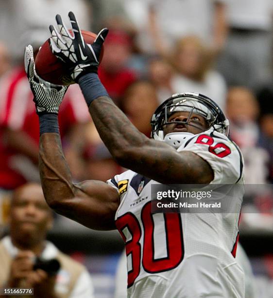 Houston Texans wide receiver Andre Johnson catches this long pass to the three-yard line in the fourth quarter at Reliant Stadium on Sunday,...