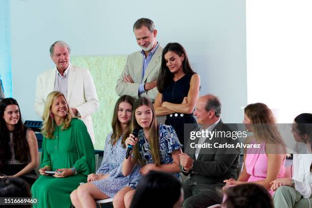 Crown Princess Leonor of Spain, King Felipe VI of Spain, Princess Sofia of Spain and Queen Letizia of Spain attend a meeting with the winners and...