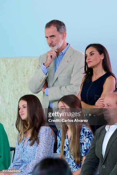Crown Princess Leonor of Spain, King Felipe VI of Spain, Princess Sofia of Spain and Queen Letizia of Spain attend a meeting with the winners and...