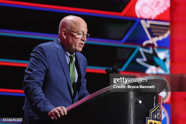 Bill Daly presides over the 2023 NHL Draft at the Bridgestone Arena on June 29, 2023 in Nashville, Tennessee.