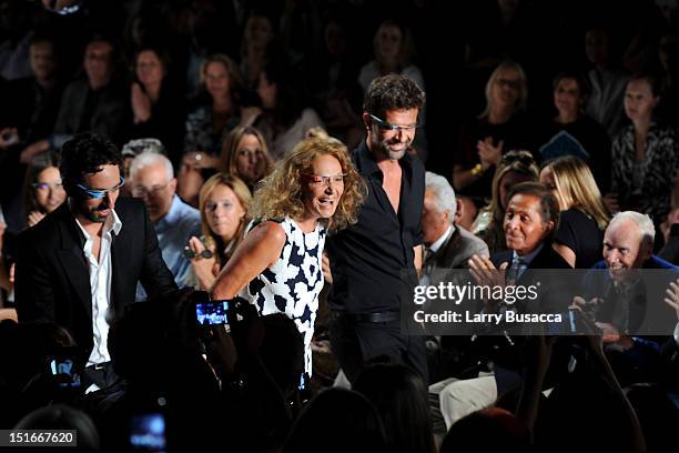 Google co-founder Sergey Brin and designers Diane Von Furstenberg and Yvan Mispelaere walk the runway at the Diane Von Furstenberg Spring 2013...