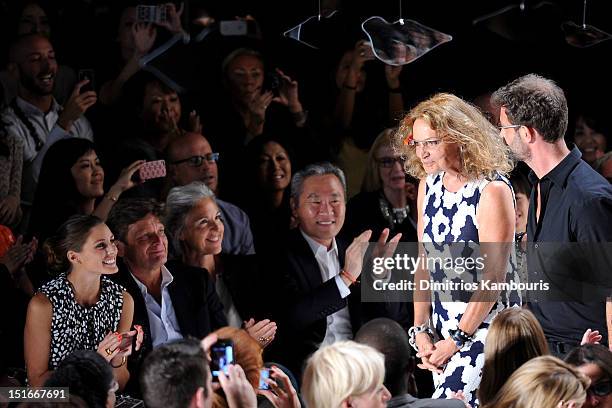 Designers Diane Von Furstenberg and Yvan Mispelaere walk the runway at the Diane Von Furstenberg Spring 2013 fashion show during Mercedes-Benz...