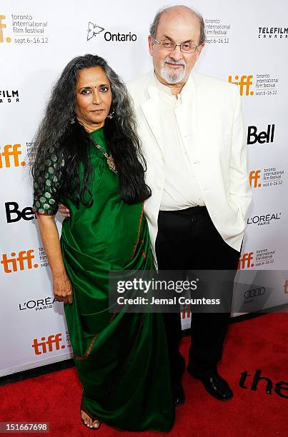 Director Deepa Mehta and writer Salman Rushdie arrive at the "Midnight's Children" Premiere at the 2012 Toronto International Film Festival at Roy...