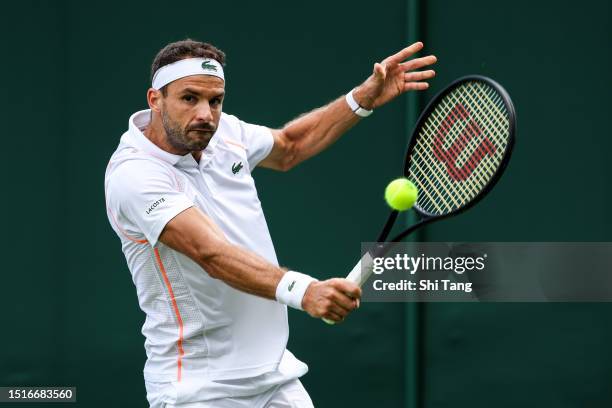 Grigor Dimitrov of Bulgaria plays a backhand in the Men's Singles first round match against Sho Shimabukuro of Japan during day three of The...