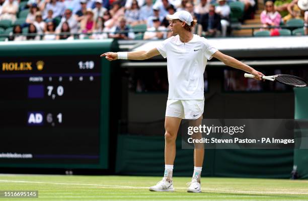 Jannik Sinner reacts after speaking with the Chair umpire Marijana Veljovic during his match against Daniel Elahi Galan on day seven of the 2023...