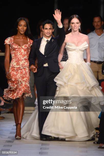 Naomi Campbell, designer Zac Posen, and Coco Rocha walk the runway at the Zac Posen Spring 2013 fashion show during Mercedes-Benz Fashion Week at...