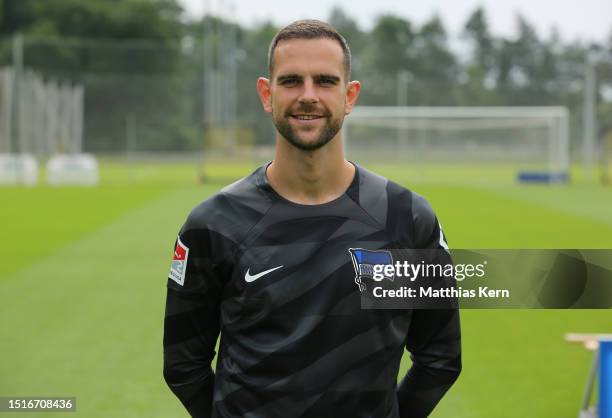Marius Gersbeck of Hertha BSC poses during the team presentation at Schenckendorfplatz on July 05, 2023 in Berlin, Germany.