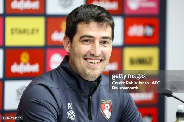 Andoni Iraola during his first press conference as the new Head Coach of AFC Bournemouth at Vitality Stadium on July 05, 2023 in Bournemouth, England.