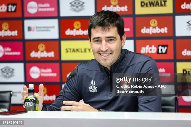 Andoni Iraola during his first press conference as the new Head Coach of AFC Bournemouth at Vitality Stadium on July 05, 2023 in Bournemouth, England.