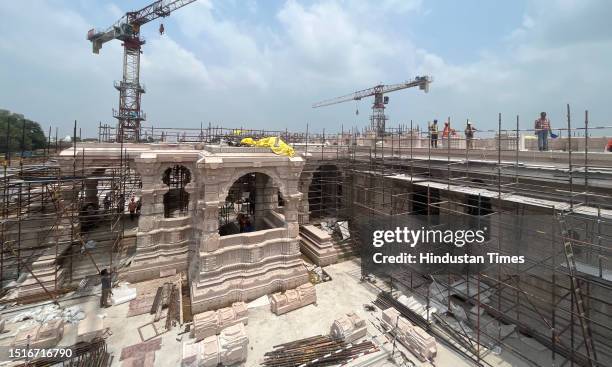 View of the under construction of Ram Mandir at Ayodhya, on July 9, 2023 in Lucknow, India. Shri Ram Janmbhoomi Teerth Kshetra has organized a media...