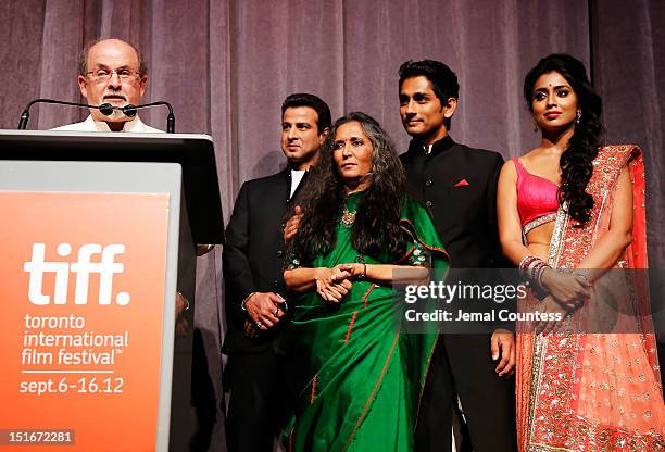 Writer Salman Rushdie, actor Ronit Roy, director Deepa Mehta, actor Siddharth, and actress Shriya Saran attend the "Midnight's Children" Premiere at...