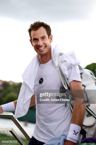 Andy Murray of Great Britain reacts after leaving the practice courts during day three of The Championships Wimbledon 2023 at All England Lawn Tennis...