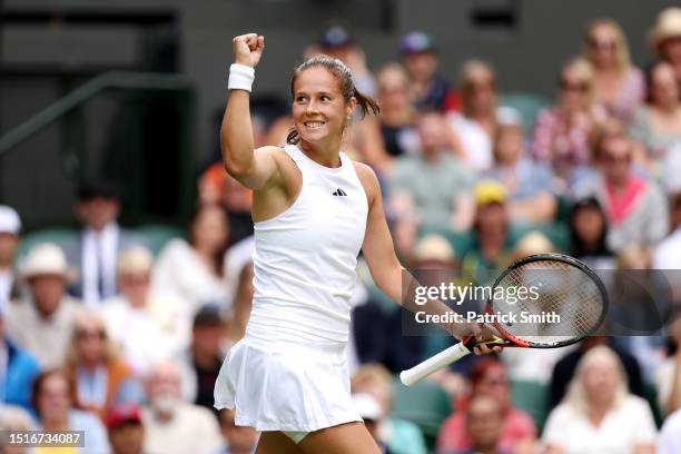 Daria Kasatkina celebrates winning match point against Jodie Burrage of Great Britain in the Women's Singles second round match during day three of...