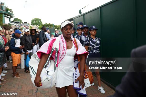 Sloane Stephens of United States leaves the court after a rain delay in the Women's Singles first round match against Rebecca Peterson of Sweden...
