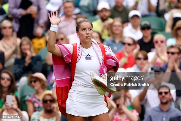 Jodie Burrage of Great Britain acknowledges the crowd after defeat against Daria Kasatkina in the Women's Singles second round match during day three...