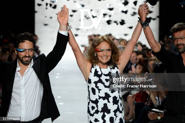 Google co-founder Sergey Brin, and designers Diane Von Furstenberg and Yvan Mispelaere walk the runway at the Diane Von Furstenberg Spring 2013...