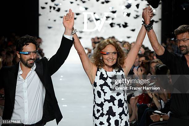 Google co-founder Sergey Brin, and designers Diane Von Furstenberg and Yvan Mispelaere walk the runway at the Diane Von Furstenberg Spring 2013...