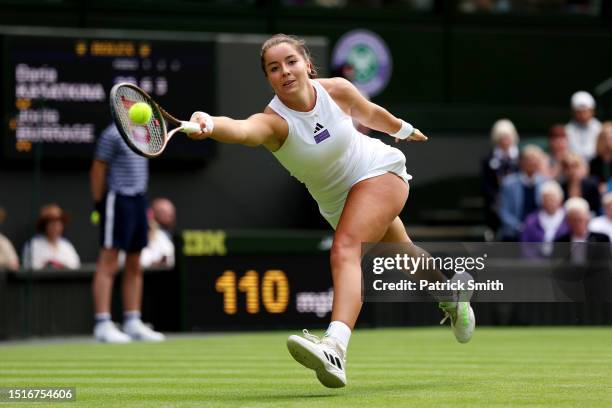 Jodie Burrage of Great Britain plays a forehand against Daria Kasatkina in the Women's Singles second round match during day three of The...