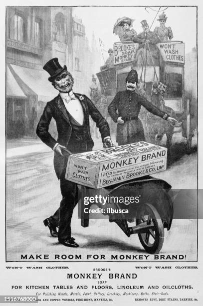 antique image from british magazine: monkey brand - monkey brand stock illustrations