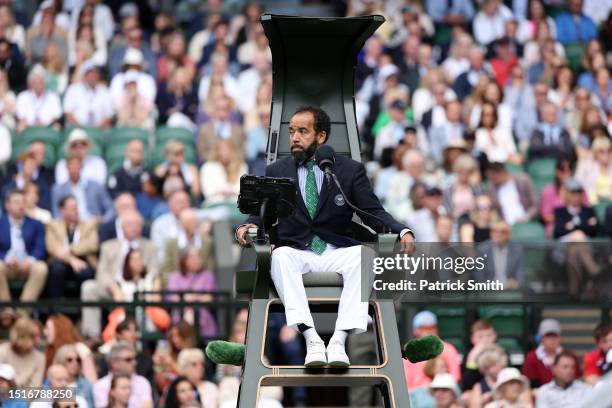 Chair umpire Kader Nouni looks on during the Women's Singles second round match between Daria Kasatkina and Jodie Burrage of Great Britain during day...