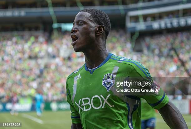 Eddie Johnson of the Seattle Sounders FC reacts after scoring the winning goal in a 2-1 defeat of Chivas USA at CenturyLink Field on September 8,...