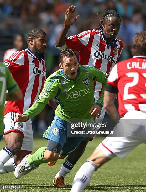 Christian Tiffert of the Seattle Sounders FC follows the play against Chivas USA at CenturyLink Field on September 8, 2012 in Seattle, Washington....