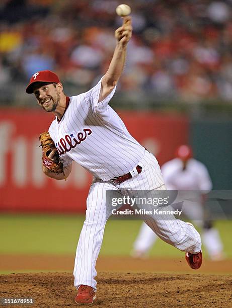 Cliff Lee of the Philadelphia Phillies pitches against the Colorado Rockies in the sixth inning on September 7, 2012 at Citizens Bank Park in...