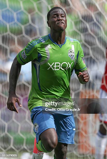 Eddie Johnson of the Seattle Sounders FC reacts after scoring the winning goal in a 2-1 defeat of Chivas USA at CenturyLink Field on September 8,...