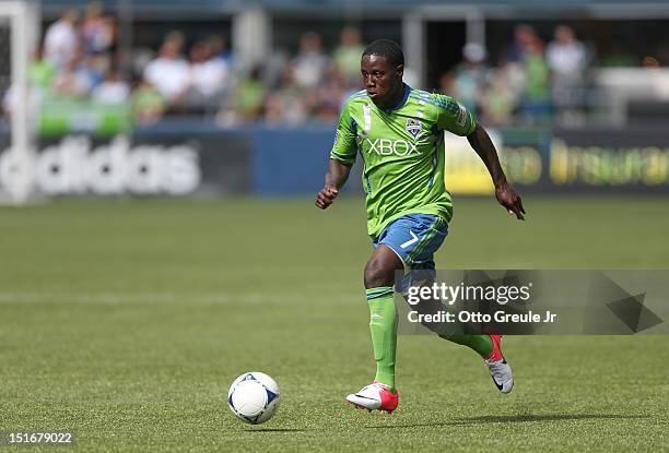 Eddie Johnson of the Seattle Sounders FC dribbles against Chivas USA at CenturyLink Field on September 8, 2012 in Seattle, Washington.