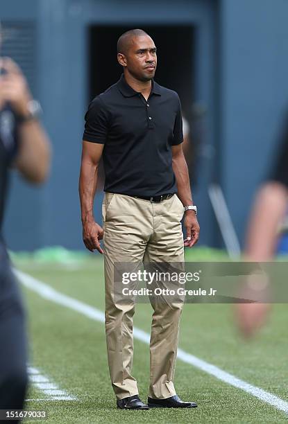 Head coach Robin Fraser of Chivas USA looks on during the match against the Seattle Sounders FC at CenturyLink Field on September 8, 2012 in Seattle,...