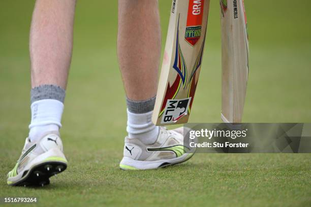 The Major League Baseball sticker on the bat of Harry Brook during England nets ahead of the Third LV= Ashes Test Match at Headingley on July 04,...