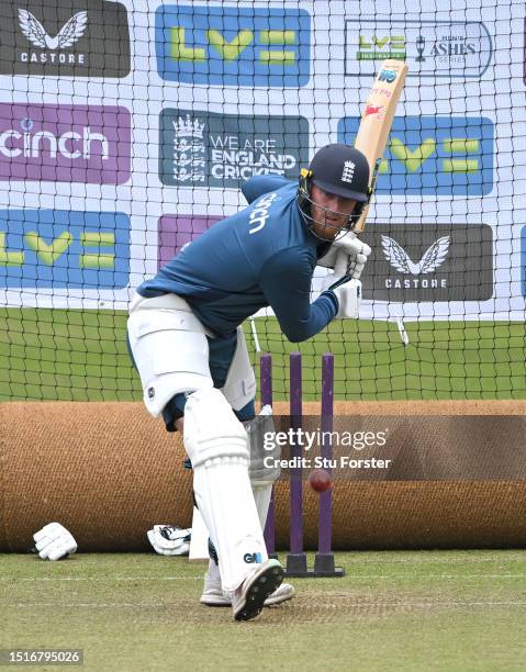 England captain Ben Stokes in batting action during England nets ahead of the Third LV= Ashes Test Match at Headingley on July 05, 2023 in Leeds,...