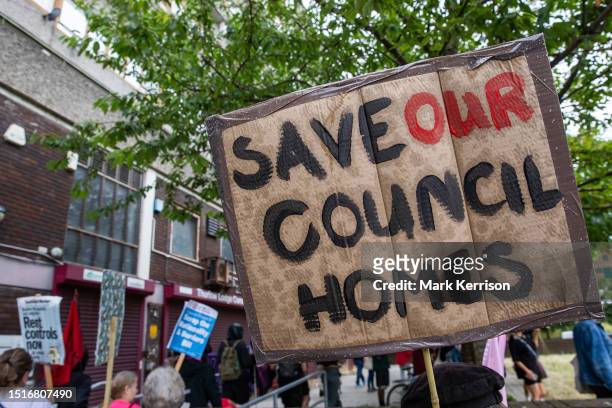 Social housing campaigners from Southwark protest outside Thurlow Lodge Community Hall on the Aylesbury Estate during a Housing Day of Action to call...