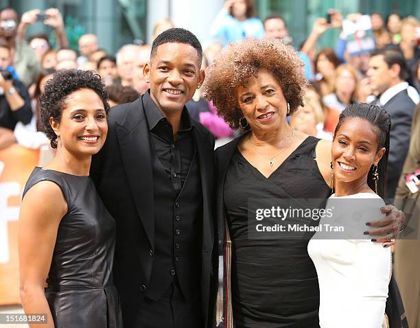 Shola Lynch, Will Smith, Angela Davis and Jada Pinkett Smith arrive at "Free Angela & All Political Prisoners" premiere during the 2012 Toronto...