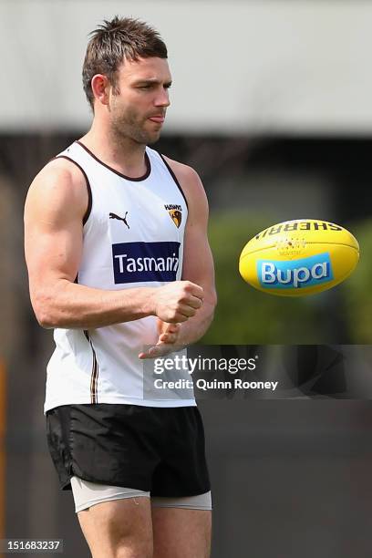 Brent Guerra of the Hawks handballs during a Hawthorn Hawks AFL media session at Waverley Park on September 10, 2012 in Melbourne, Australia.