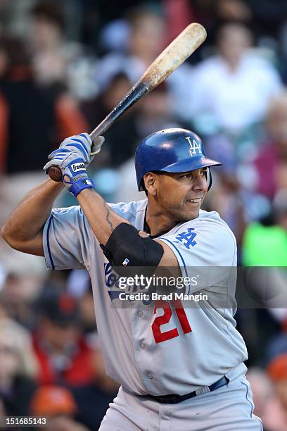 Juan Rivera of the Los Angeles Dodgers bats against the San Francisco Giants during the game at AT&T Park on Sunday, September 9, 2012 in San...