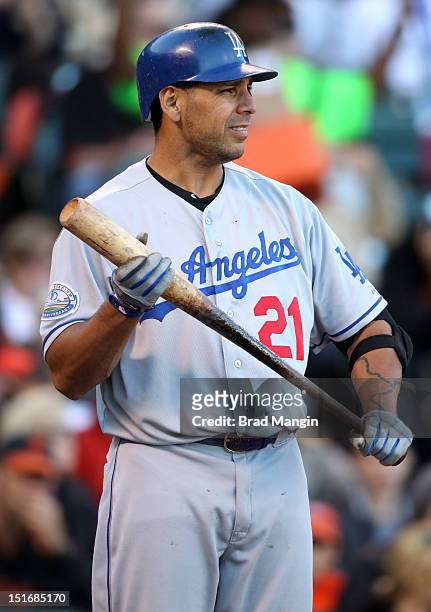 Juan Rivera of the Los Angeles Dodgers bats against the San Francisco Giants during the game at AT&T Park on Sunday, September 9, 2012 in San...