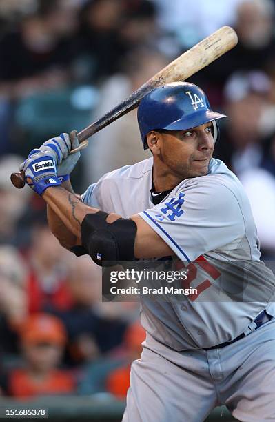 Juan Rivera of the Los Angeles Dodgers bats against the San Francisco Giants during the game at AT&T Park on Sunday, September 9, 2012 in San...