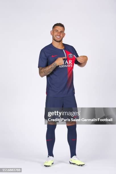 New Paris Saint Germain signing Lucas Hernandez poses for the camera on July 9, 2023 in Paris, France.